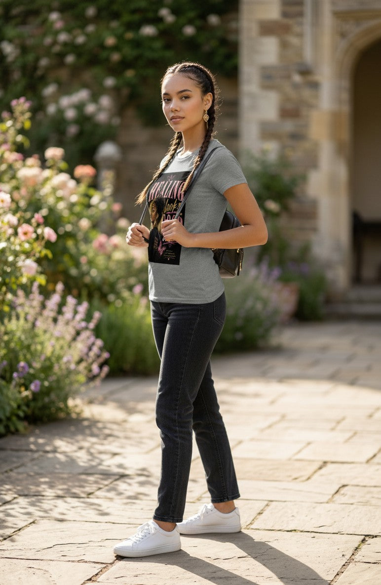 Woman standing outdoors with flowers and a building in the background