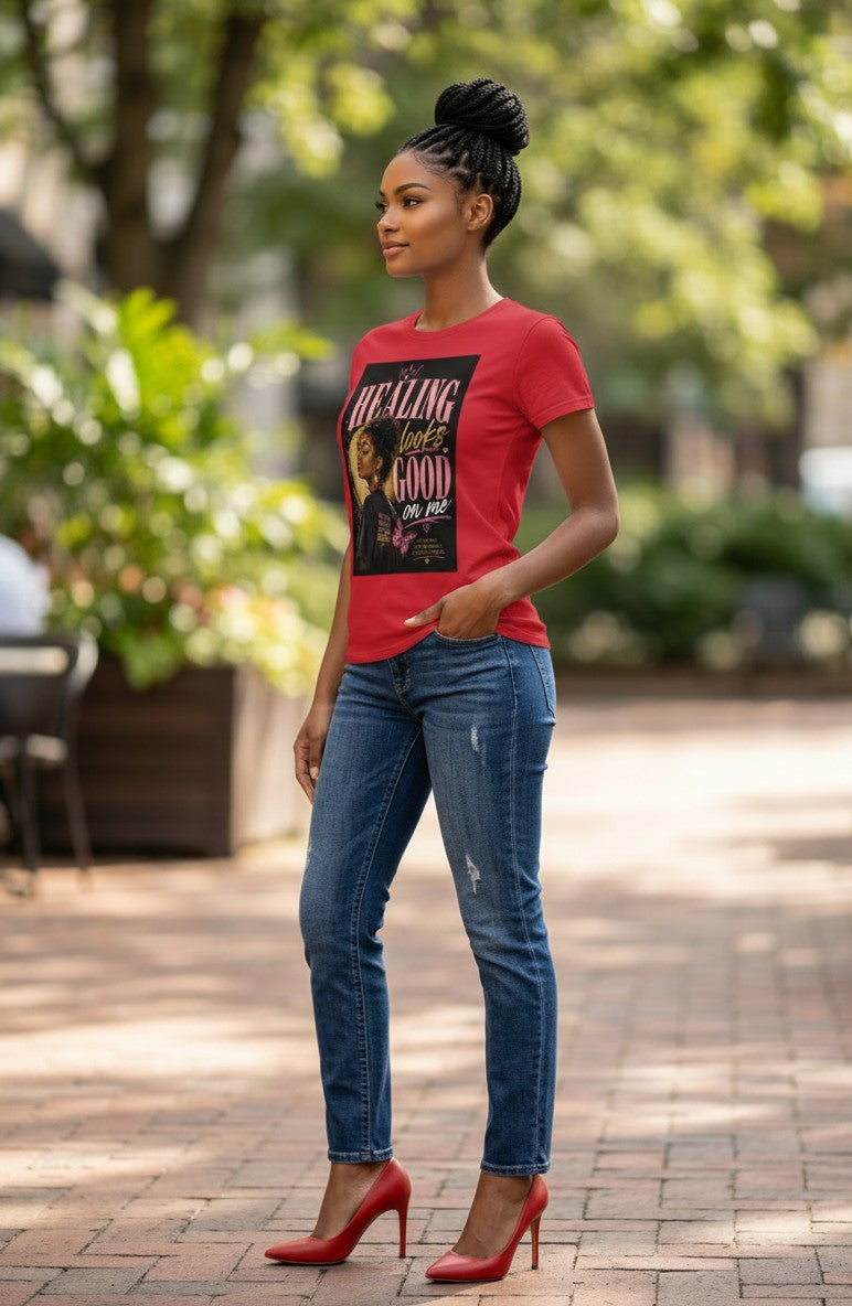 Woman wearing a red t-shirt and blue jeans standing outdoors on a sunny day.