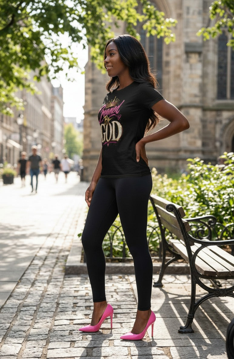 Woman wearing a black t-shirt with colorful text and black leggings standing on a city street.