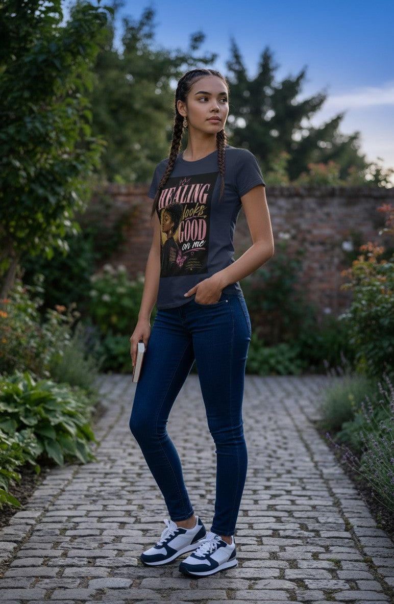 Woman standing on a garden path wearing a graphic t-shirt and blue jeans.