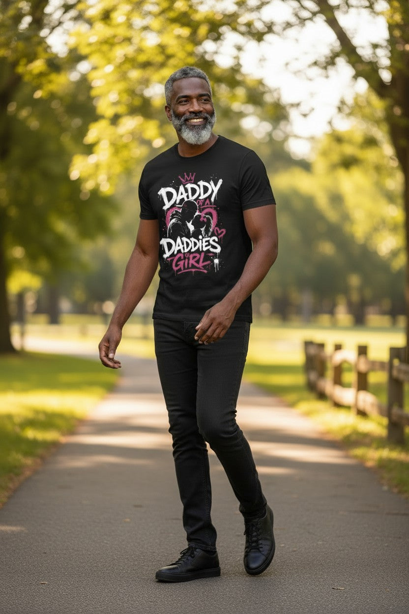 Man wearing a black t-shirt with 'Daddy's Girl' text in a park setting