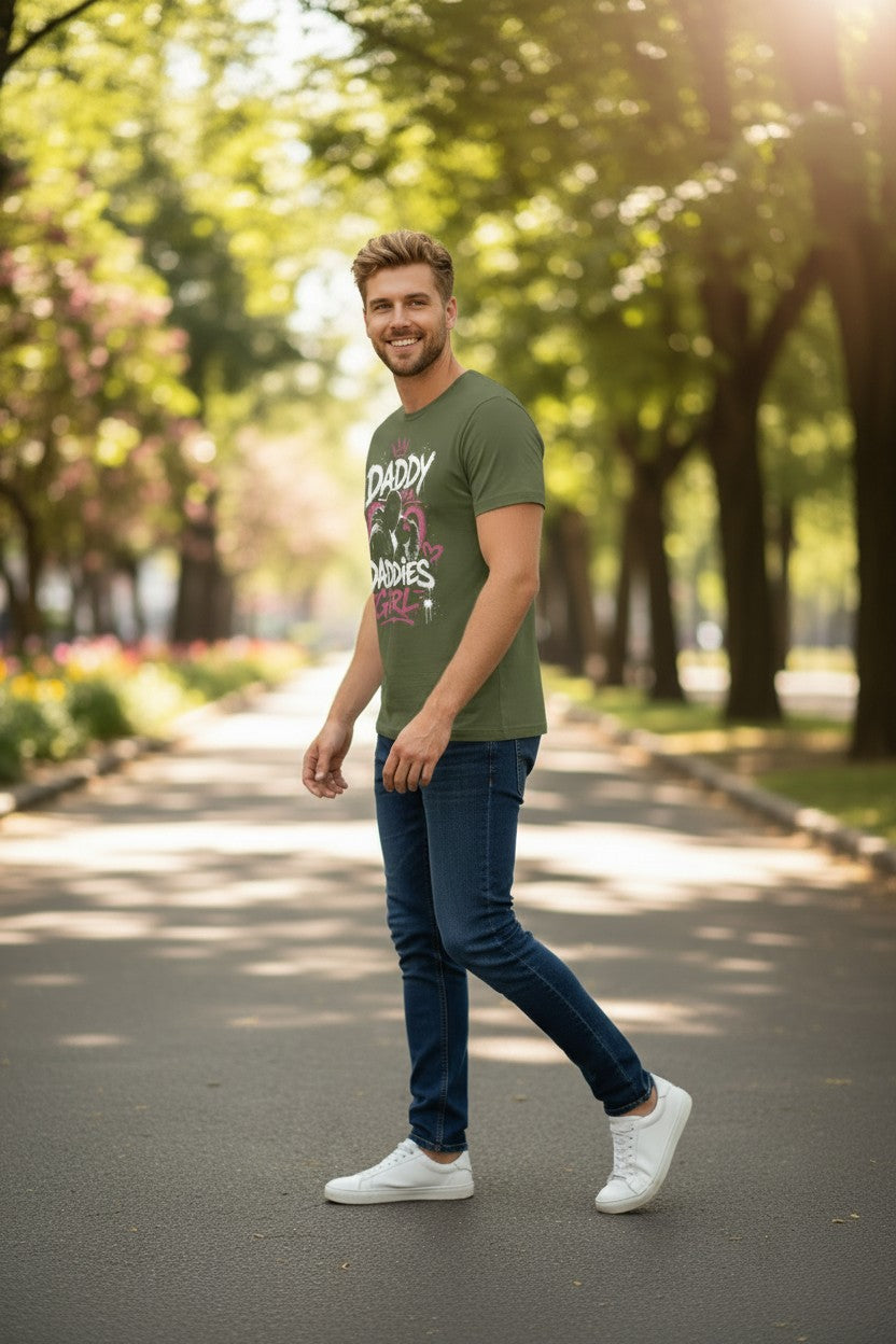 Man walking in a park wearing a green t-shirt with text and graphics.