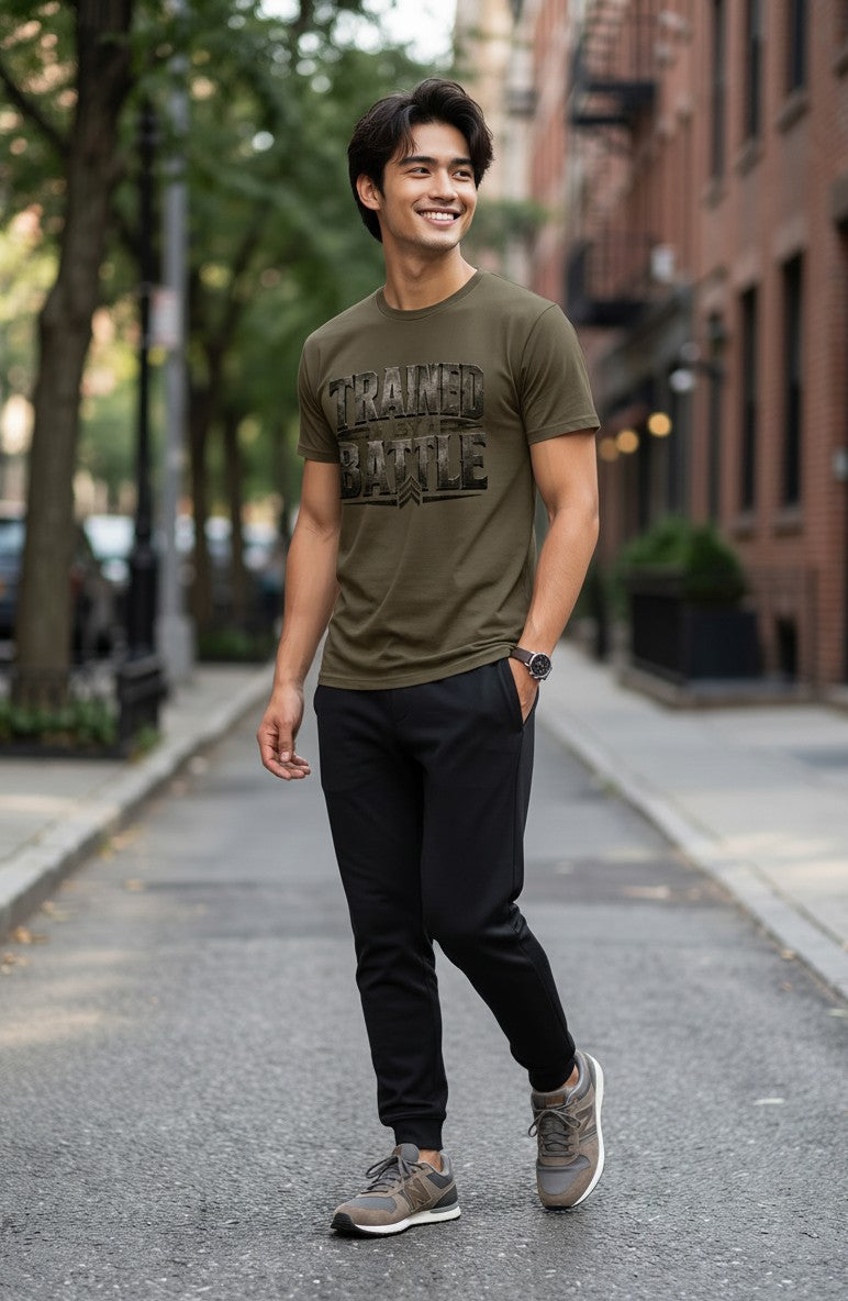 Man wearing a green t-shirt with text, black pants, and gray shoes on a city street.