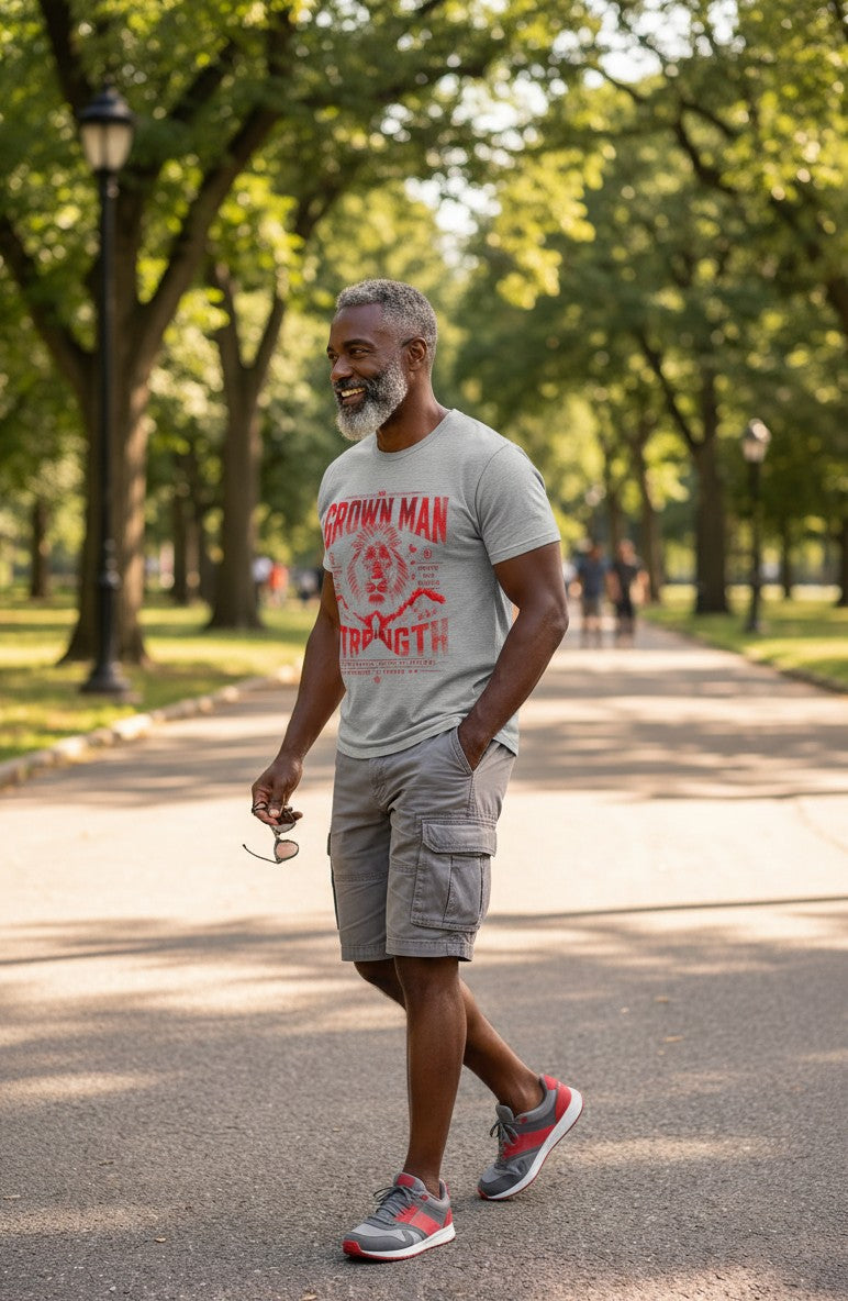 Man walking in a park wearing a 'Crown Man' t-shirt