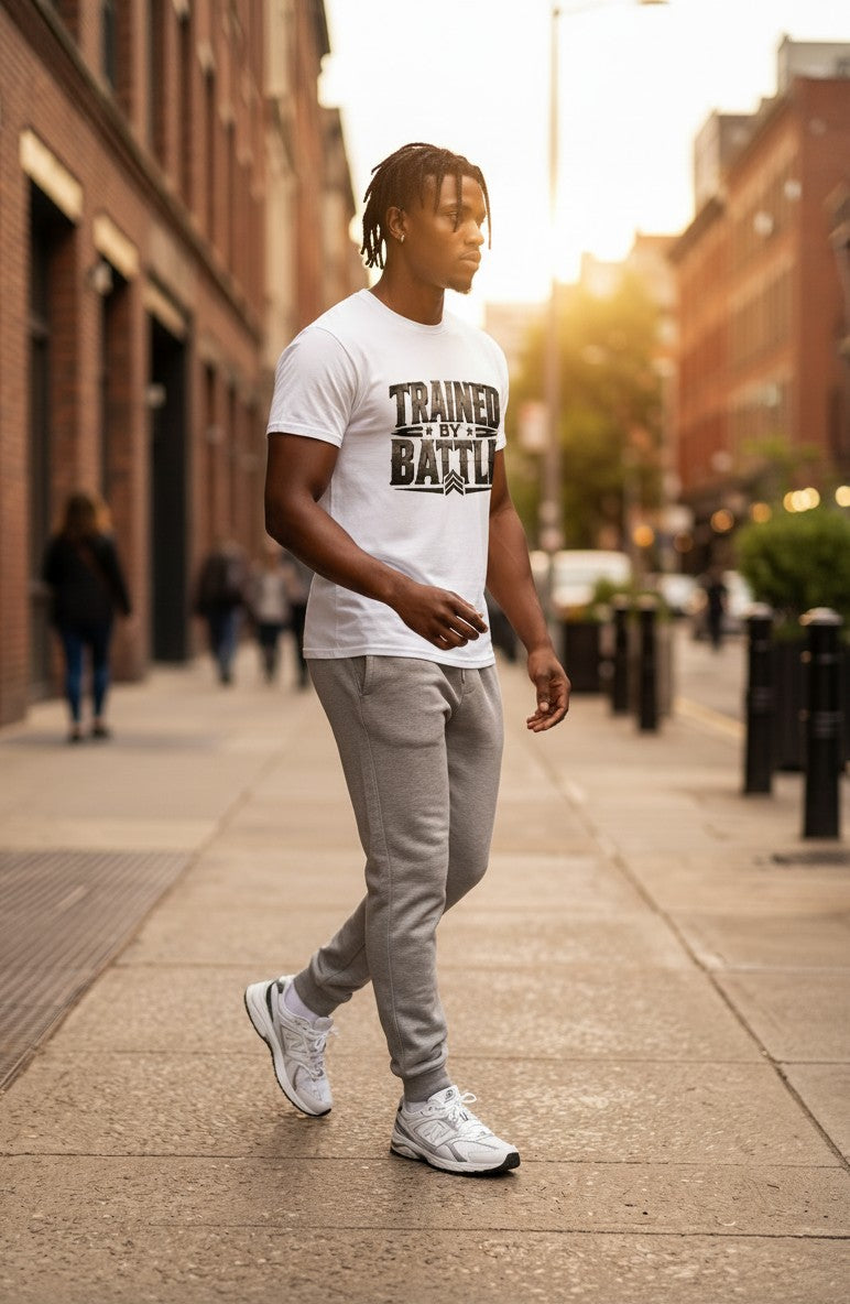 Man walking on a city street wearing a white t-shirt with text and gray pants.