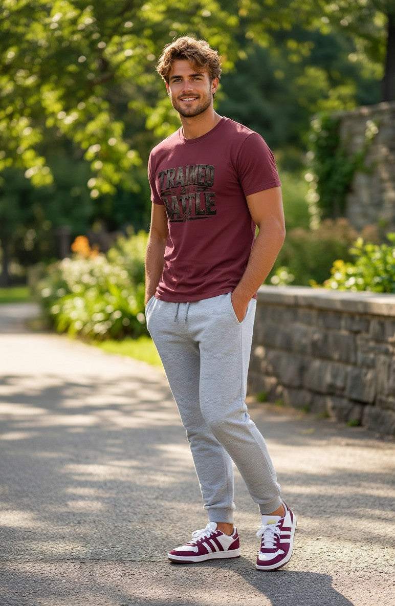 Man wearing a maroon t-shirt with text, gray sweatpants, and red and white sneakers standing outdoors.