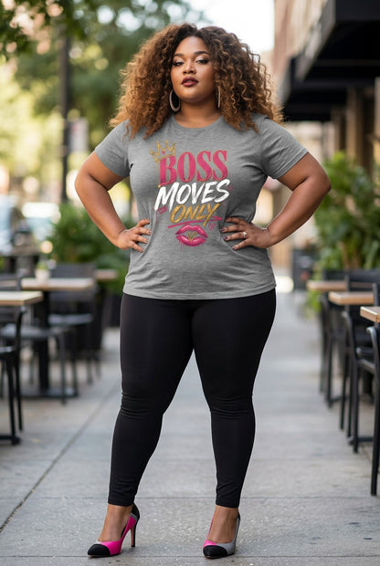 Woman wearing a gray t-shirt with a motivational quote in an outdoor setting
