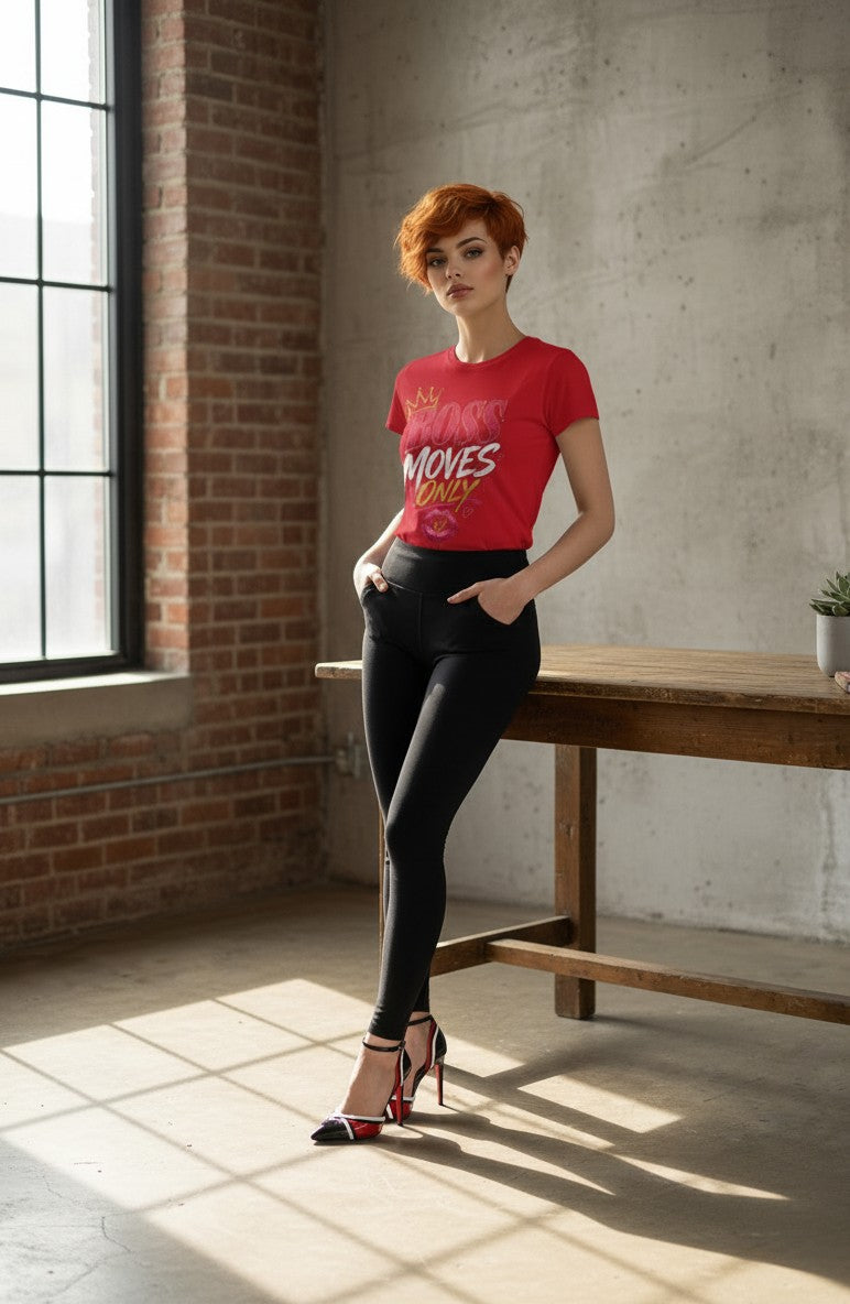 Woman in a red t-shirt and black pants standing in a sunlit room with brick walls and a wooden table.
