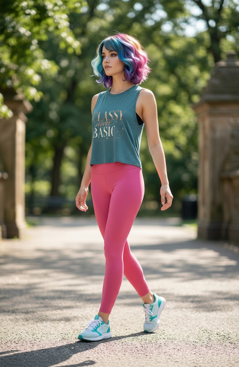 A woman walking outdoors on a park path wearing a teal graphic tank top that reads 'CLASSY BASIC', bright pink leggings, and light blue sneakers.