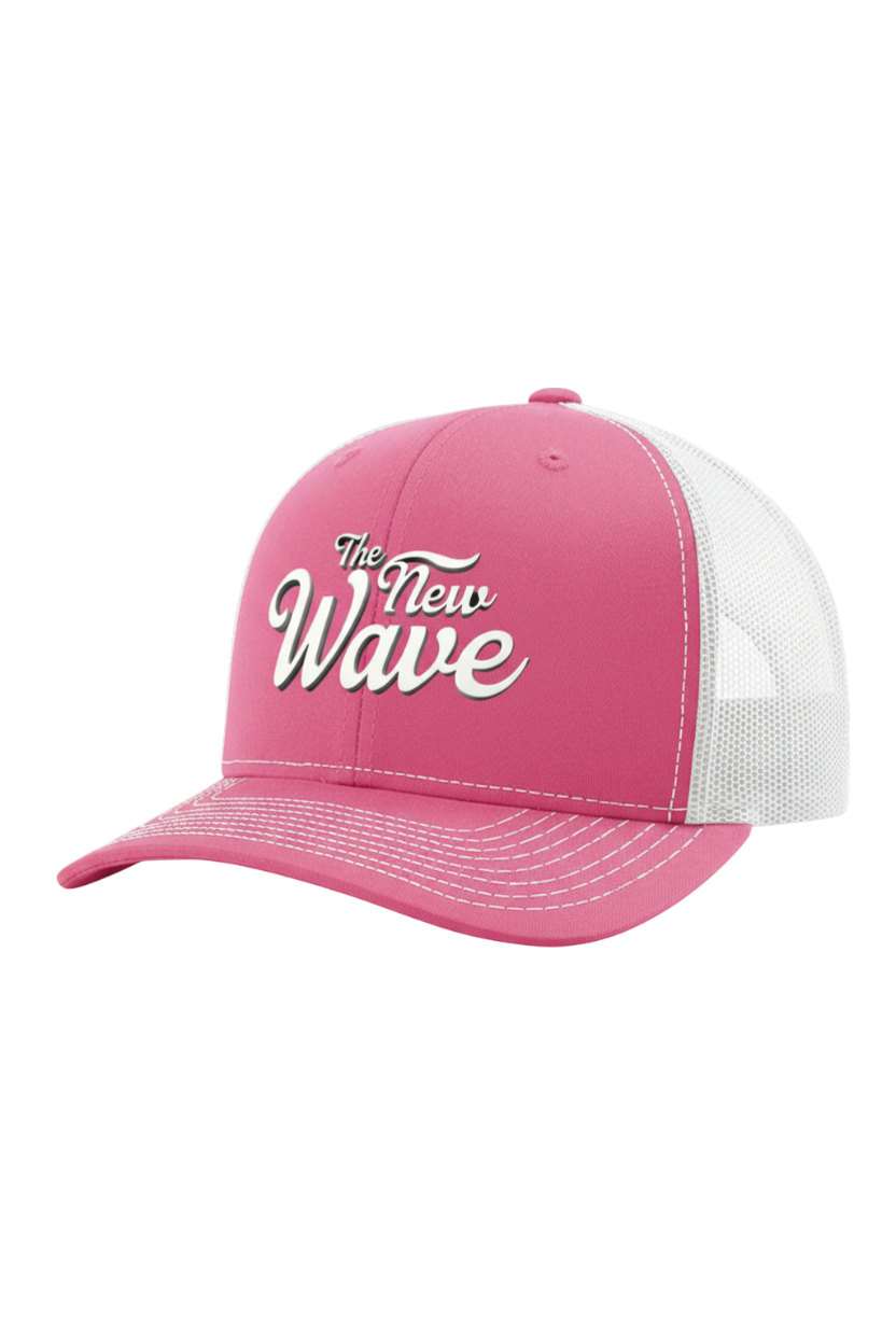Pink cap with white mesh back and 'The New Wave' text on a white background