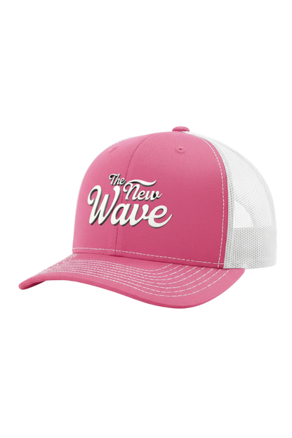 Pink cap with white mesh back and 'The New Wave' text on a white background