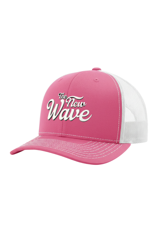 Pink cap with white mesh back and 'The New Wave' text on a white background