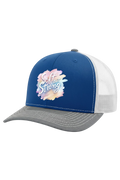 Blue and white cap with 'Soft but Strong' text and floral design on a white background