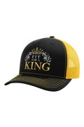 Black and yellow cap with 'Fit for a King' text on a white background