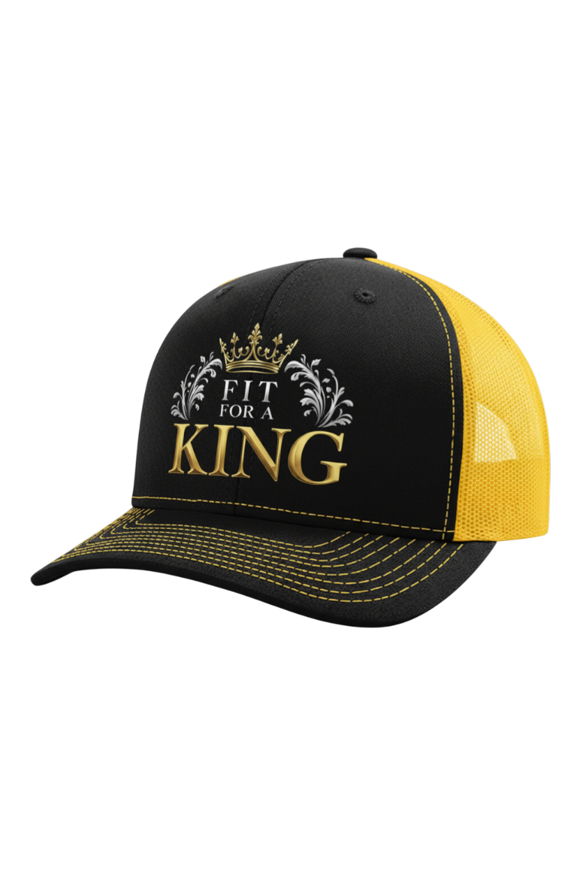 Black and yellow cap with 'Fit for a King' text on a white background