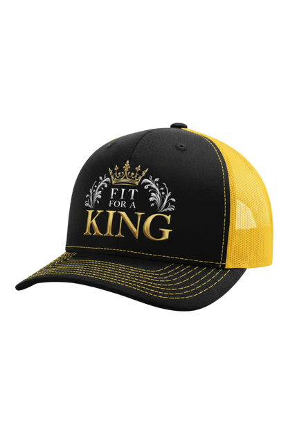 Black and yellow cap with 'Fit for a King' text on a white background