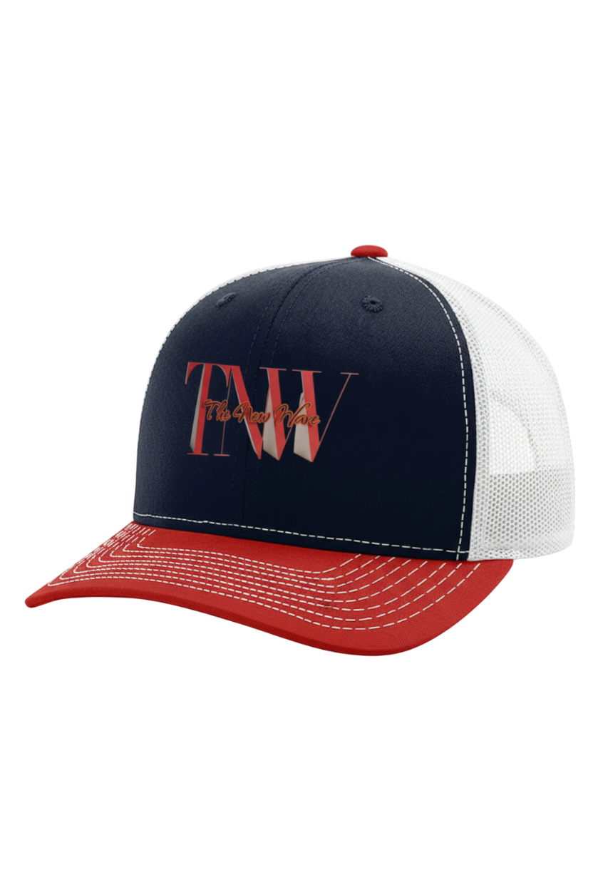 Navy and red cap with 'TMW' logo on a white background