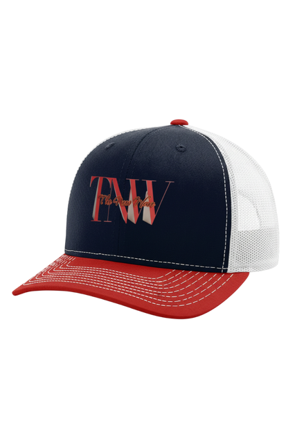 Navy and red cap with 'TMW' logo on a white background