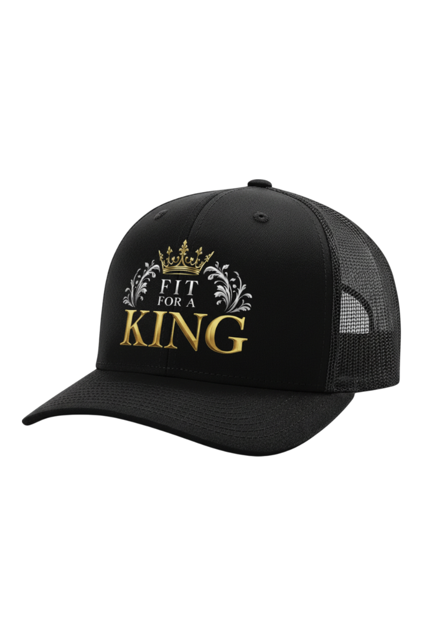 Black cap with 'Fit for a King' text and crown design on a white background
