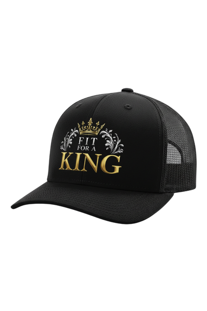 Black cap with 'Fit for a King' text and crown design on a white background