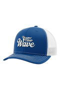 Blue and white cap with 'The New Wave' text on a white background