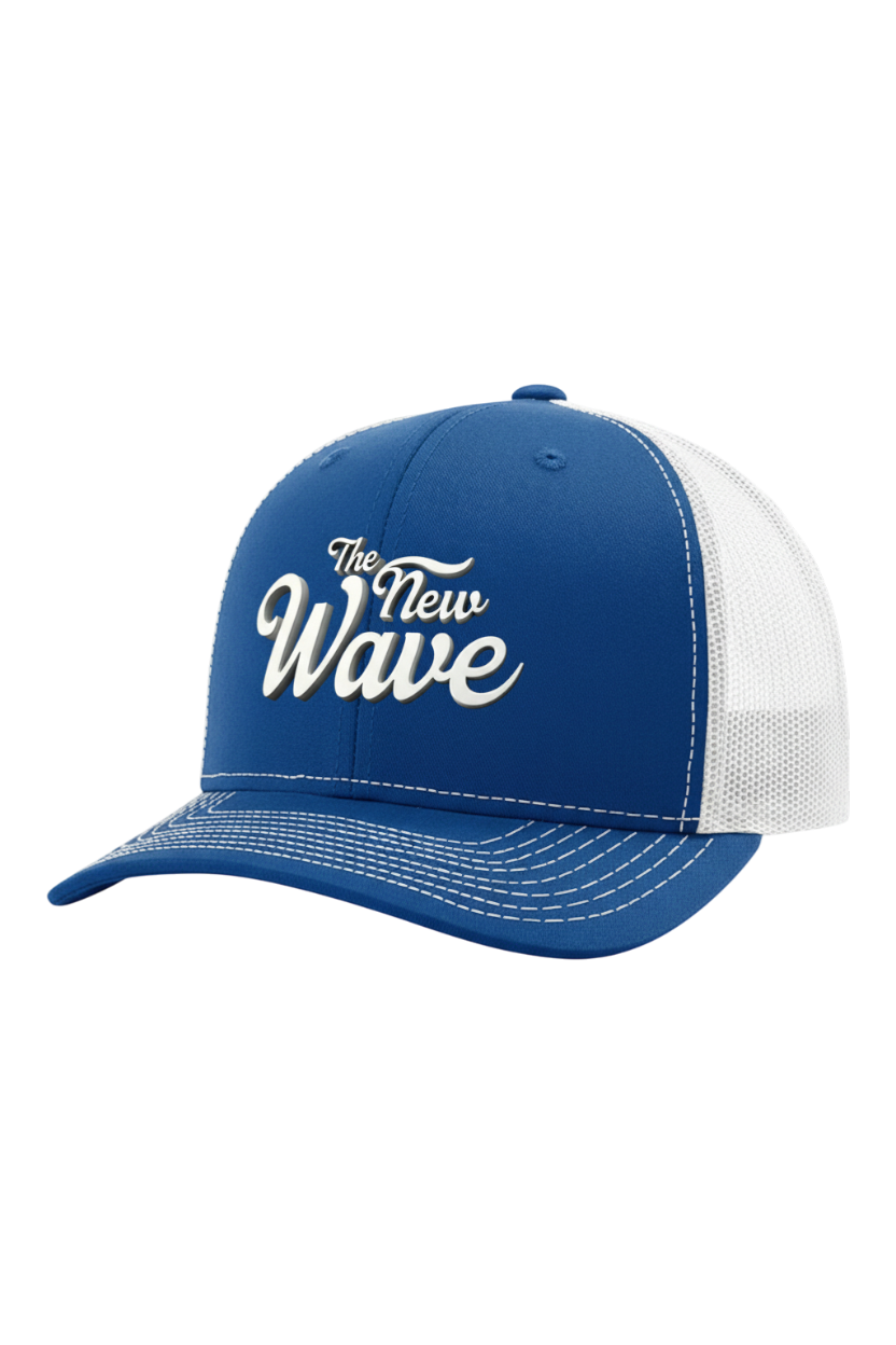 Blue and white cap with 'The New Wave' text on a white background