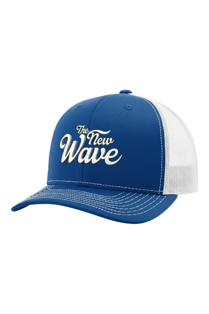 Blue and white cap with 'The New Wave' text on a white background
