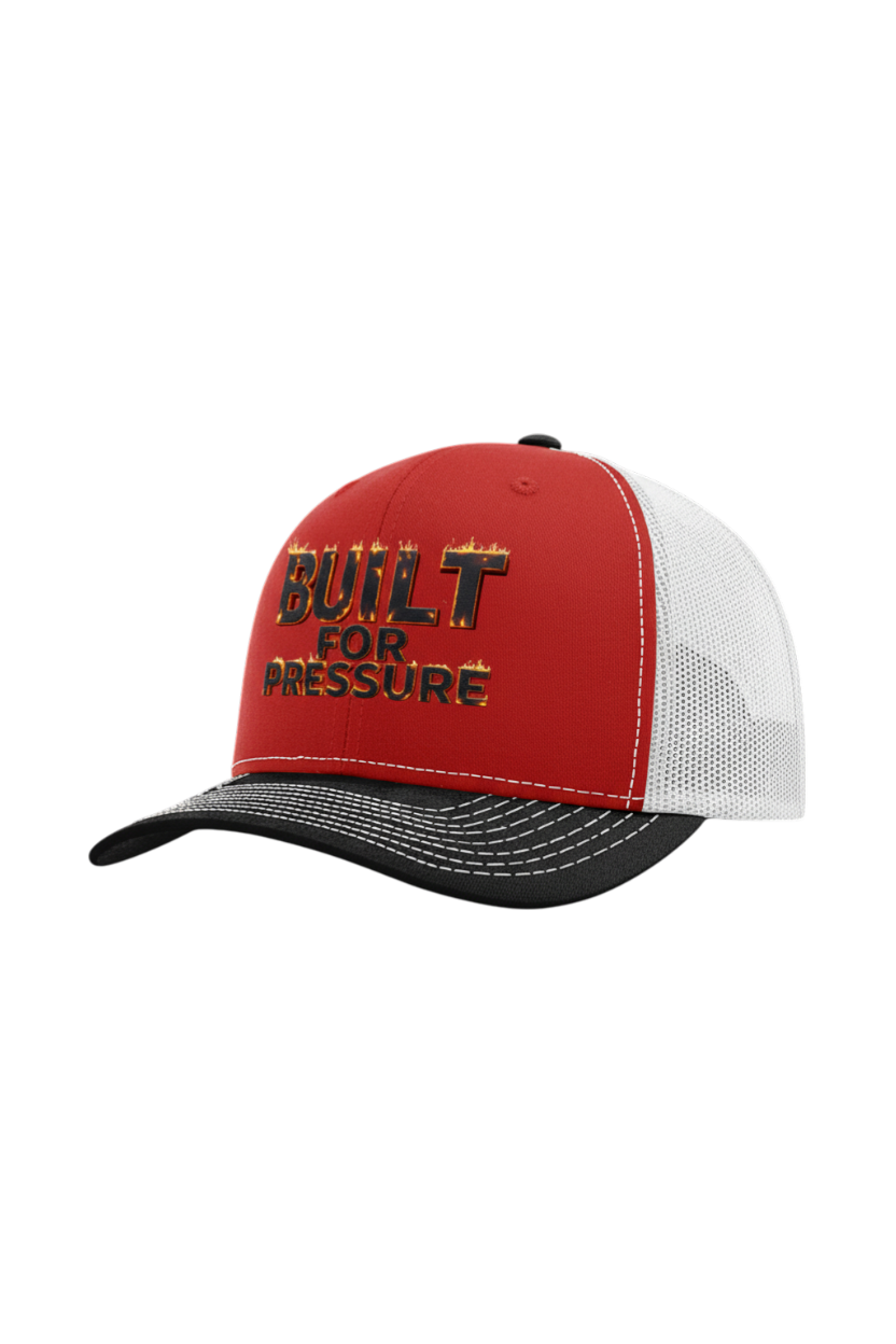 Red and white cap with 'Built for Pressure' text on a white background