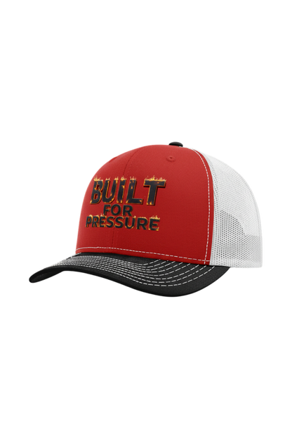 Red and white cap with 'Built for Pressure' text on a white background