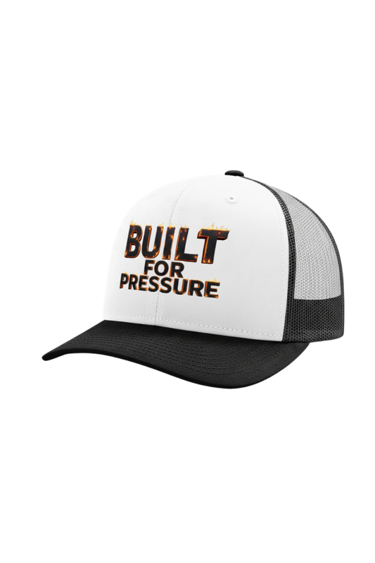 White and black cap with 'BUILT FOR PRESSURE' text on a white background