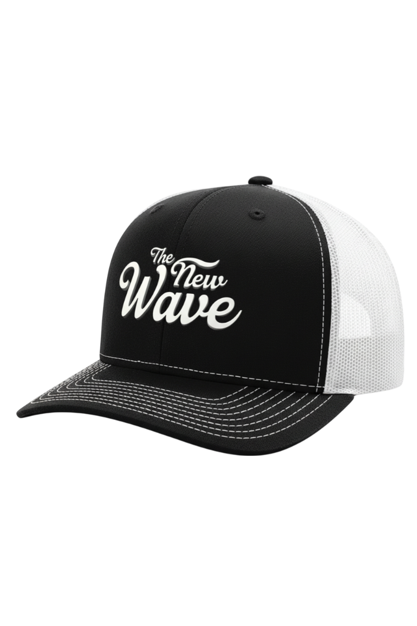 Black and white cap with 'The New Wave' text on a white background
