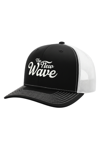 Black and white cap with 'The New Wave' text on a white background