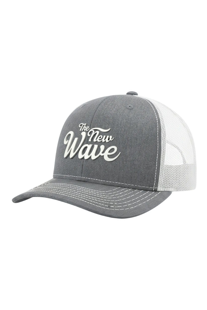Gray and white cap with 'The New Wave' text on a white background