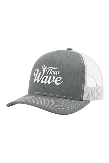 Gray and white cap with 'The New Wave' text on a white background