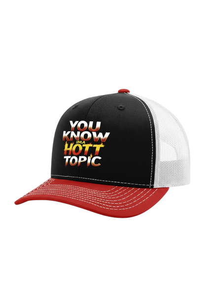 Black, White and red cap with text 'YOU KNOW A HOTT TOPIC' on a white background