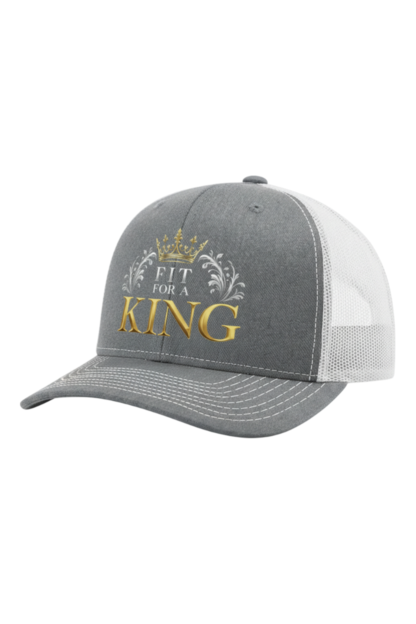 Gray and white cap with 'Fit for a King' text on a white background