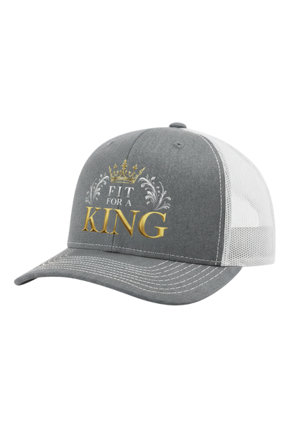 Gray and white cap with 'Fit for a King' text on a white background