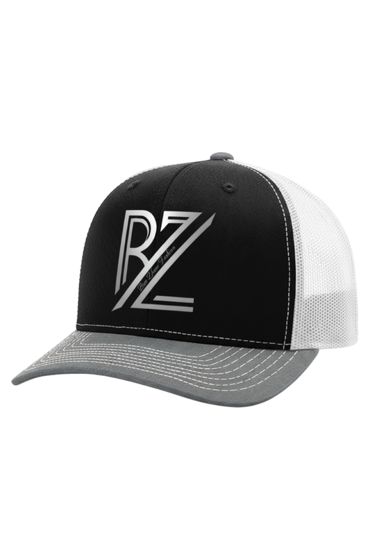 Black and white cap with a logo on a white background