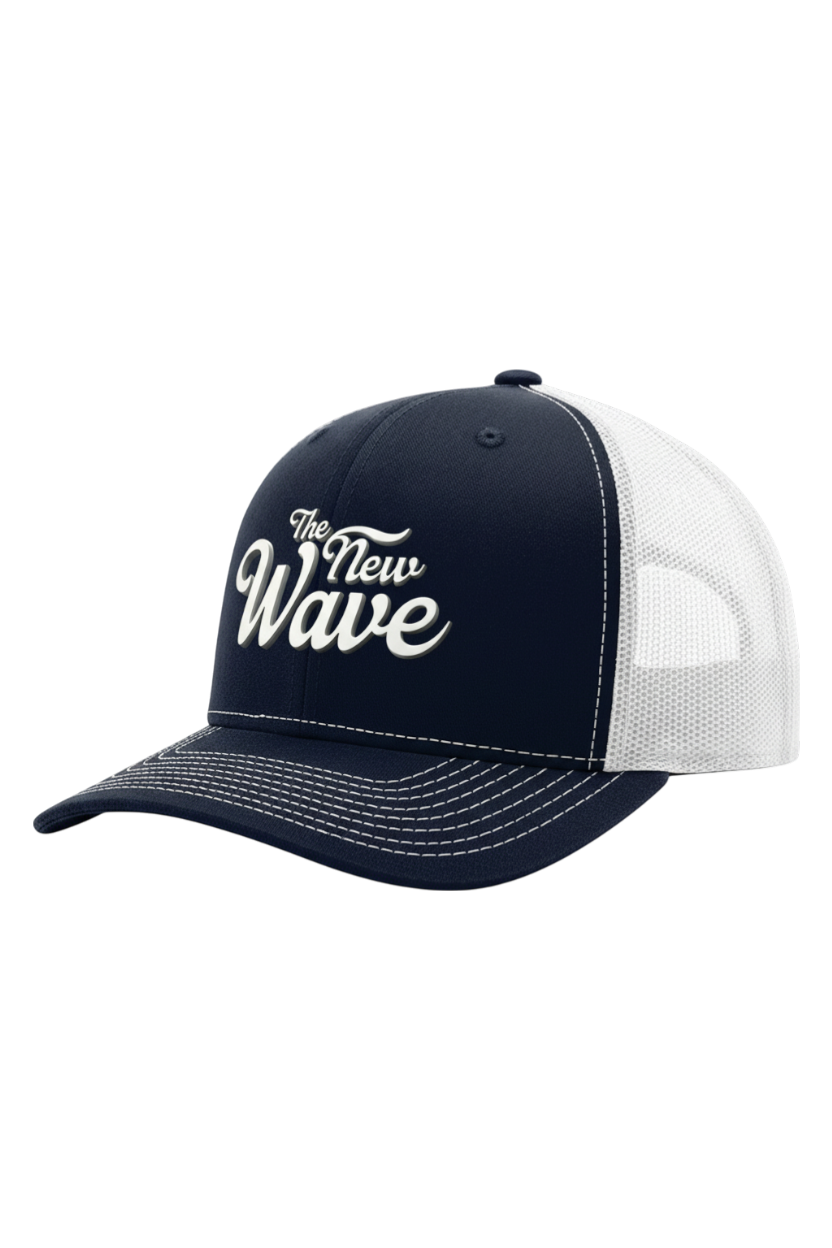 Navy and white cap with 'The New Wave' text on a white background