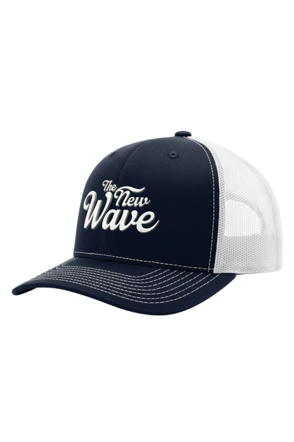 Navy and white cap with 'The New Wave' text on a white background