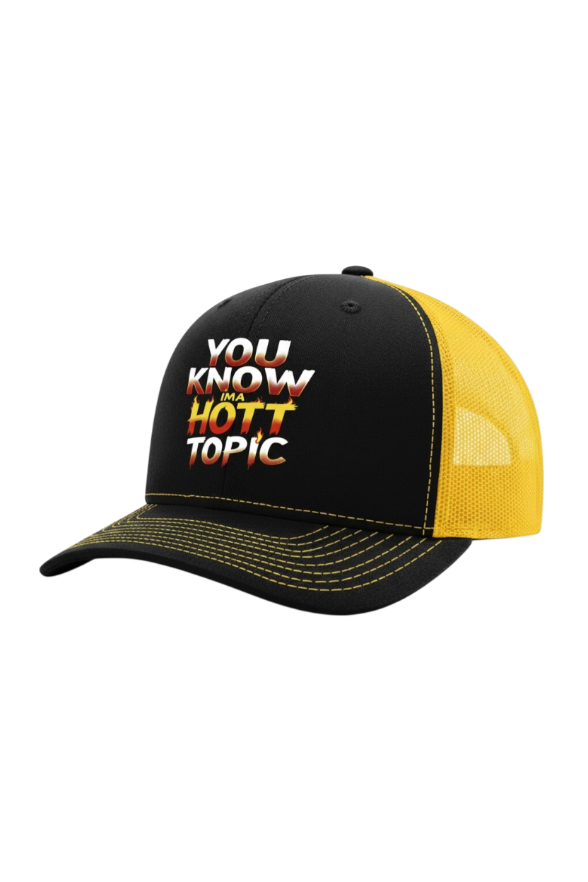 Black and yellow cap with 'You Know It's a Hott Topic' text on a white background
