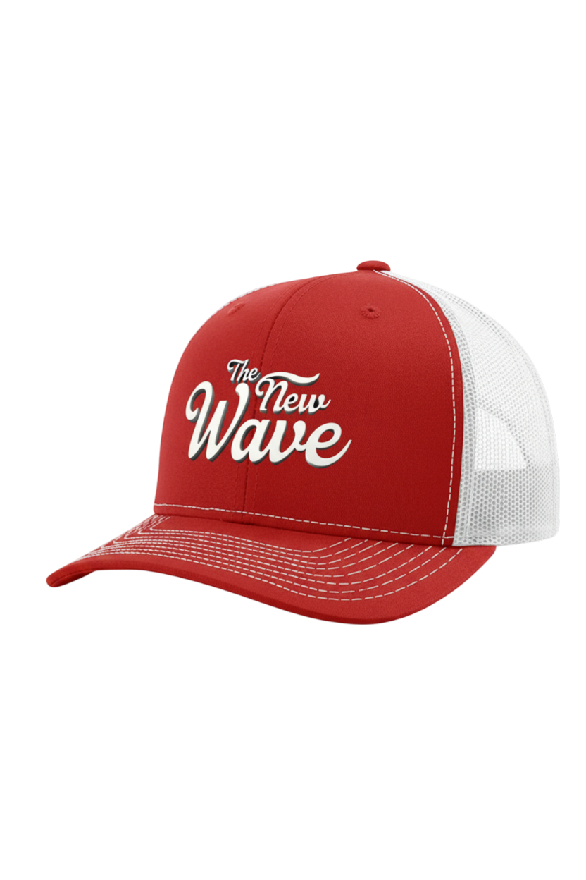 Red and white cap with 'The New Wave' text on a white background