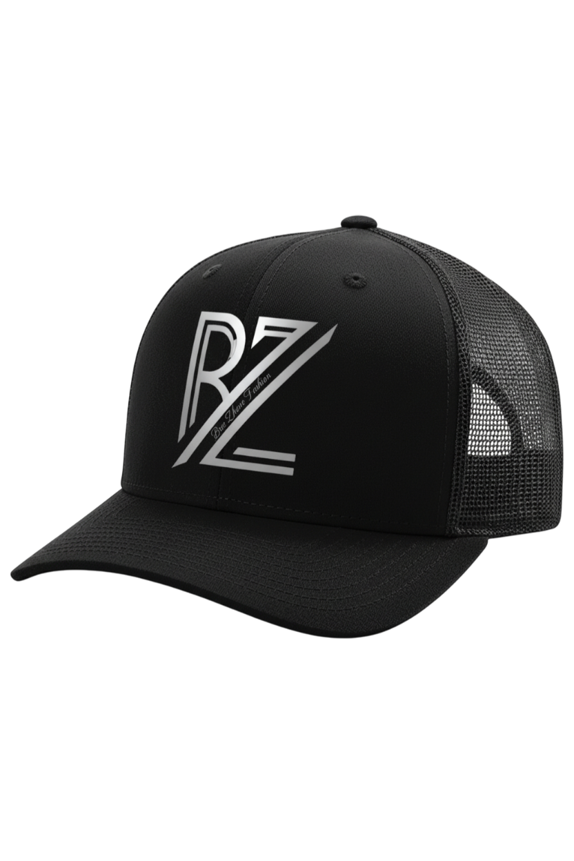 Black cap with a white logo on a white background