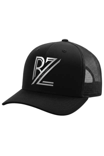 Black cap with a white logo on a white background