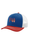Blue, red, and white cap with a logo on a white background