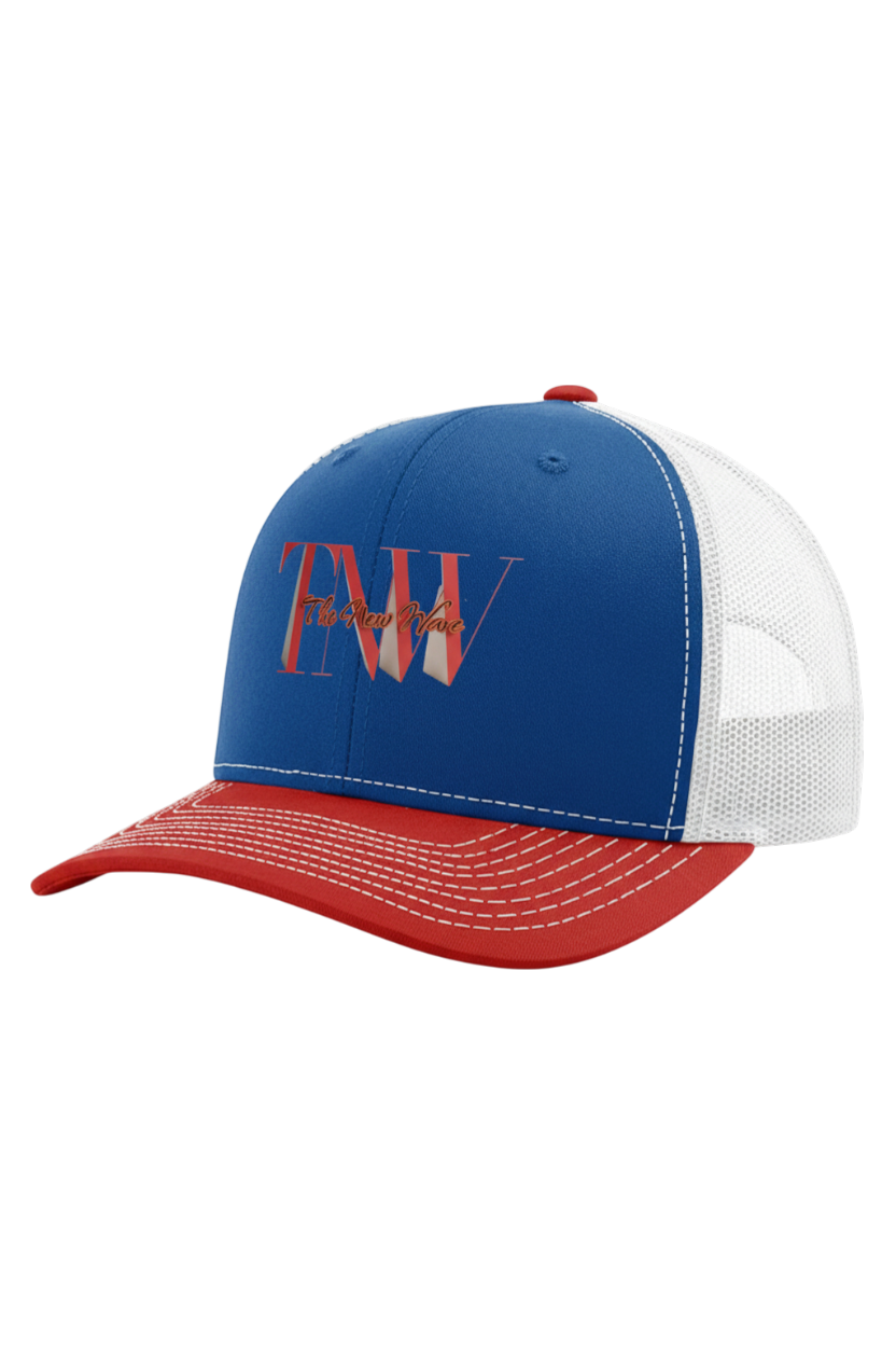 Blue, red, and white cap with a logo on a white background