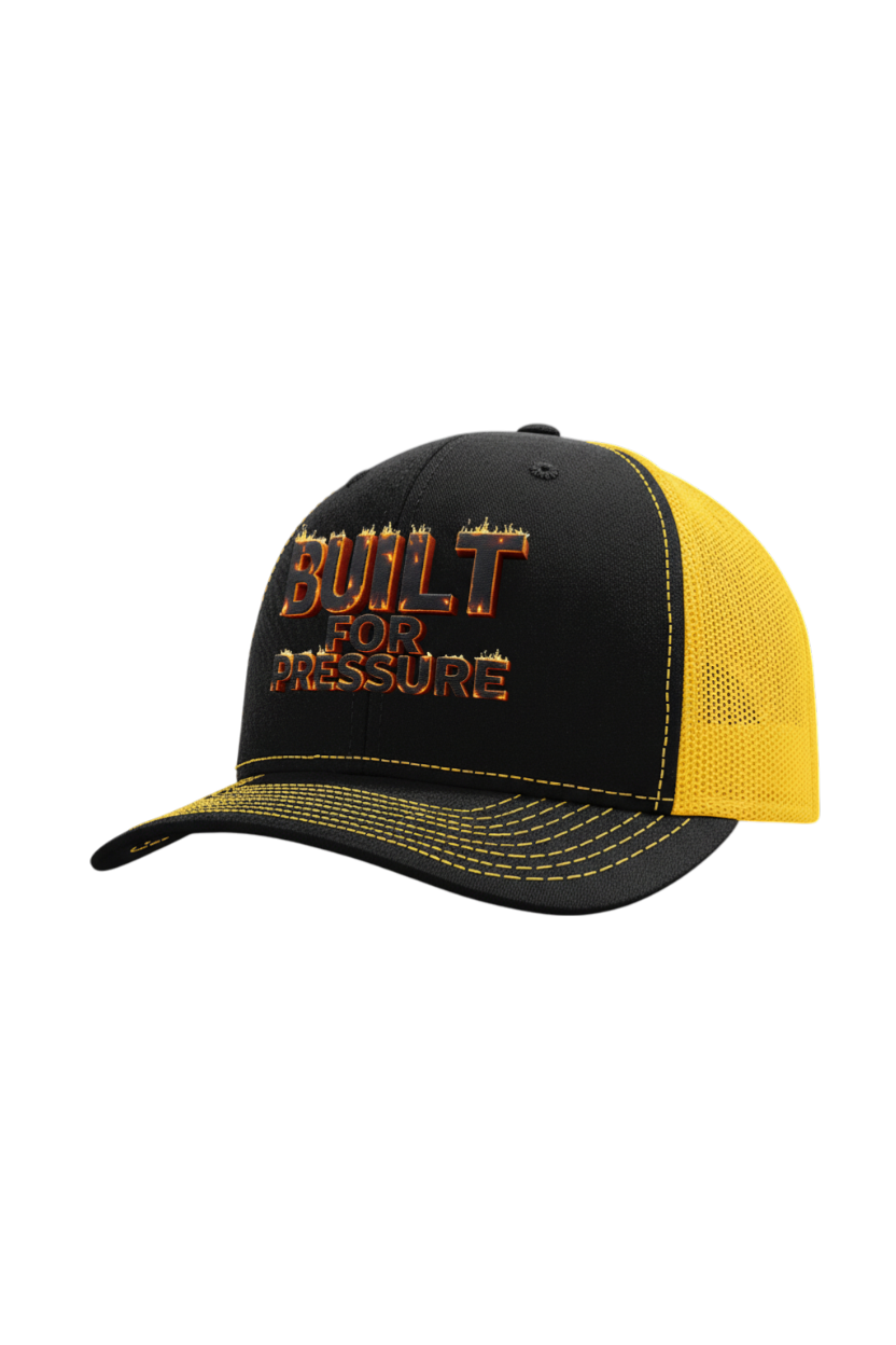 Black and yellow cap with 'Built for Pressure' text on a white background