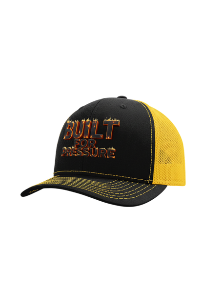 Black and yellow cap with 'Built for Pressure' text on a white background
