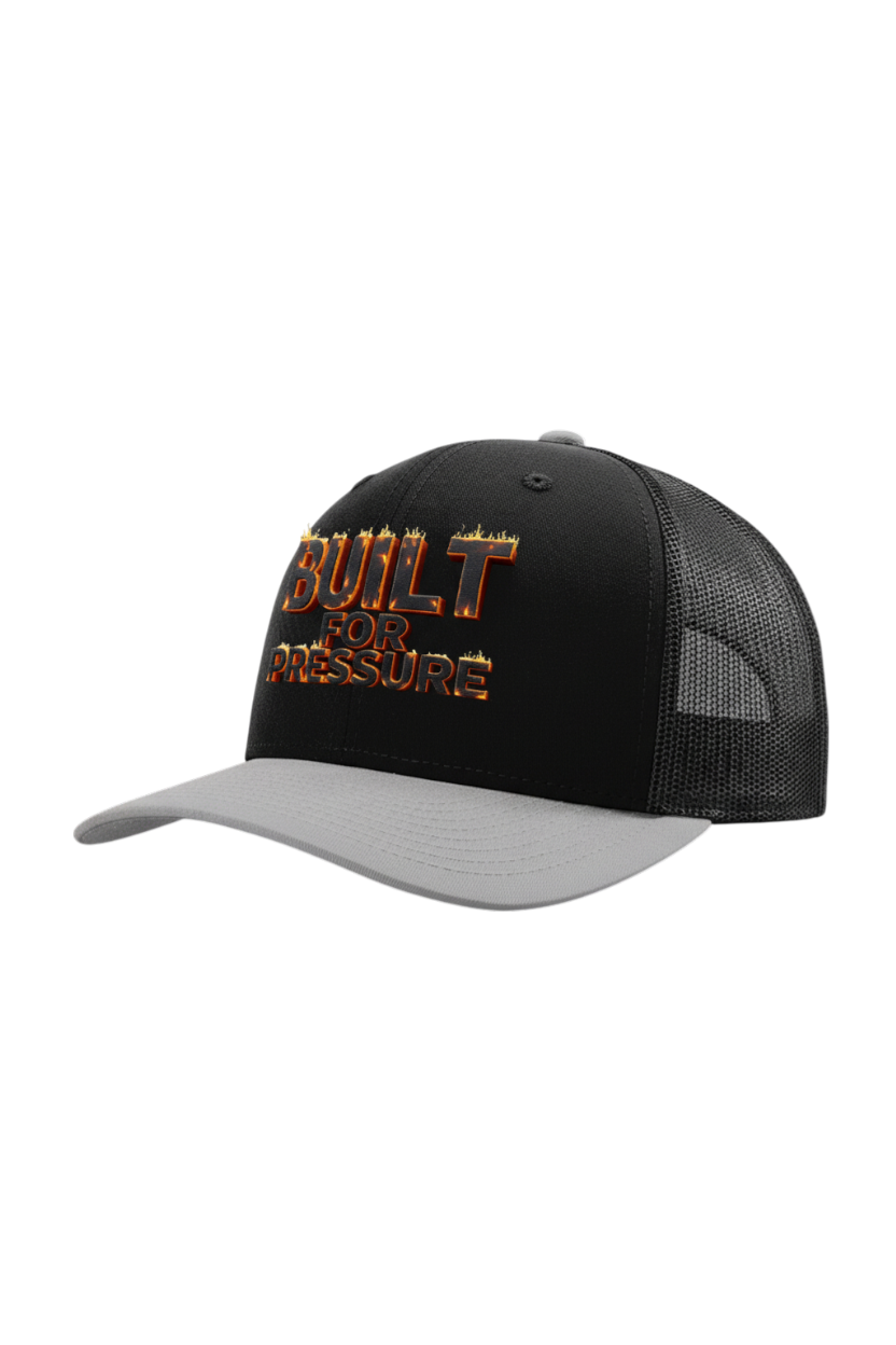 Black and gray cap with 'Built for Pressure' text on a white background