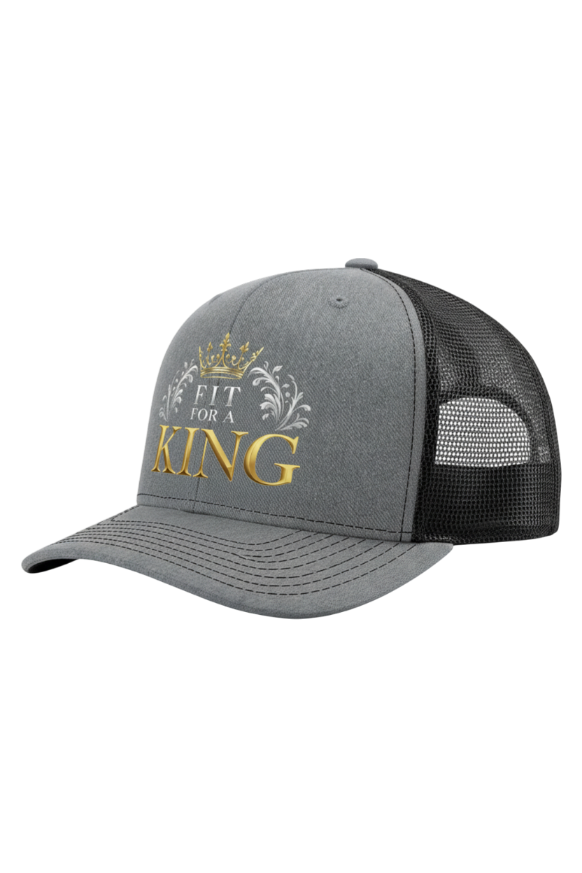 Gray cap with 'Fit for a King' text and crown design on a white background